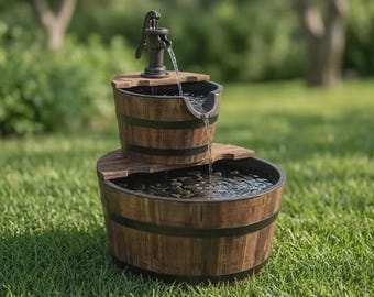 Rustic Wooden Barrel Water Fountain for Garden, Outdoor Cascade Fountain with Pump, Farmhouse Patio Decor, Relaxing Water Feature Yard Art
