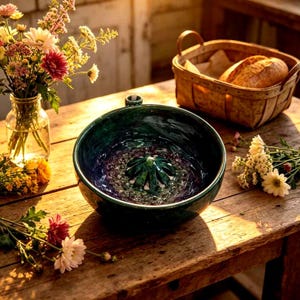 May include: A dark green ceramic citrus juicer with a textured interior, set on a wooden table. A basket with bread and a vase of flowers are also present. The juicer has a handle.
