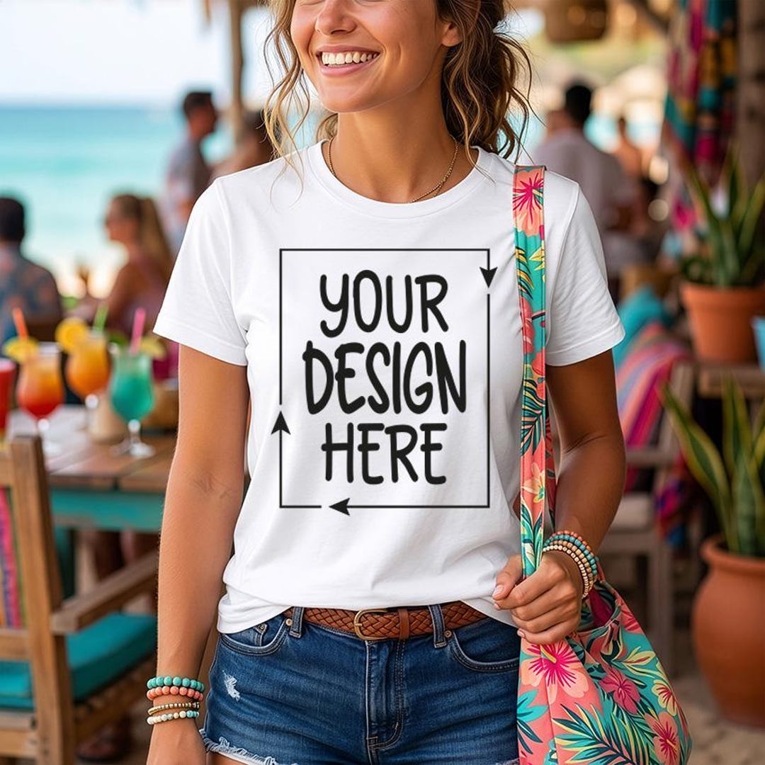 Bella Canvas 3001 White T Shirt Mockup, Beach Day Shirt Scene, Summer ...