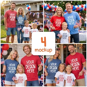 May include: A mockup featuring families wearing matching t-shirts with the text "YOUR DESIGN HERE" in white. The shirts are red, blue, and white, with American flags. The scene is set outdoors with festive decorations.