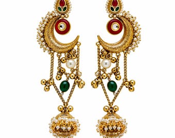 Pendientes Chandbali indios en tono dorado con perlas rojas y verdes, estilo Jhumka, joyería étnica nupcial llamativa (Reino Unido)