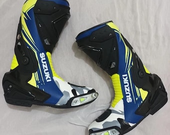 Men’s Suzuki Gsxr Motorbike Racing Leather Boots-Cowhide Leather And Certified Protectors-Gift for Him