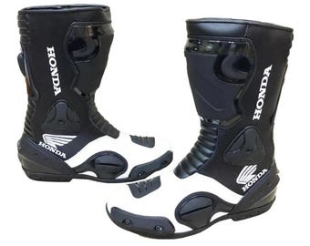 Stivali da moto Honda in pelle fatti a mano da uomo, perfetti per corse e touring, un regalo ideale per lui.