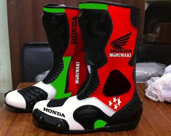 New Men Motorbike Cowhide Leather Riding MOTOGP Boots Motorcycle Racing Boots, Gift for Him