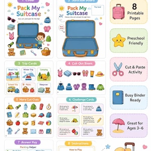 Op de afbeelding: Kleurrijke educatieve activiteitenset getiteld "Pack My Suitcase" voor kinderen van 3-6 jaar. Bevat printbare pagina's, uitknipitems en uitdagingskaarten. Met een koffer, diverse reisgerelateerde illustraties en de tekst "What's Included?"
