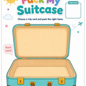 Op de afbeelding: Een kleurrijke illustratie van een turquoise koffer met de tekst "Pack My Suitcase". De koffer is open en klaar om ingepakt te worden. Een lachende zon, wolken en sterren sieren de afbeelding.