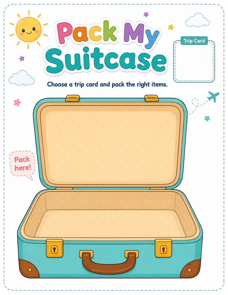 Op de afbeelding: Een kleurrijke illustratie van een turquoise koffer met de tekst "Pack My Suitcase". De koffer is open en klaar om ingepakt te worden. Een lachende zon, wolken en sterren sieren de afbeelding.