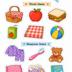 Op de afbeelding: Een kleurrijke illustratie van uitgesneden items voor picknicks en logeerpartijtjes. Picknickartikelen zijn onder meer een mand, appel, sandwich, sapbox, deken en strandbal. Logeerartikelen zijn onder meer pyjama's, een tandenborstel, een teddybeer, een kussen, pantoffels en een verhalenboek.