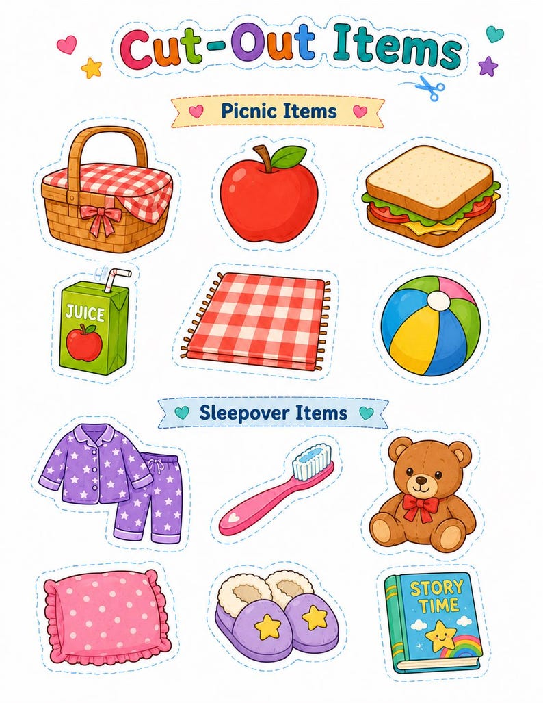 Op de afbeelding: Een kleurrijke illustratie van uitgesneden items voor picknicks en logeerpartijtjes. Picknickartikelen zijn onder meer een mand, appel, sandwich, sapbox, deken en strandbal. Logeerartikelen zijn onder meer pyjama's, een tandenborstel, een teddybeer, een kussen, pantoffels en een verhalenboek.