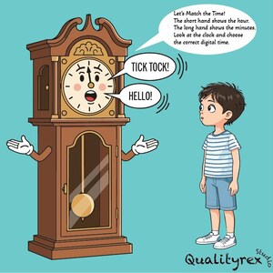 May include: A brown grandfather clock with a face featuring eyes and a mouth, arms with white gloves, and a pendulum. The clock has speech bubbles saying TICK TOCK, HELLO, and Let's Match the Time! The short hand shows the hour. The long hand shows the minutes. Look at the clock and choose the correct digital time. A child in a striped shirt and blue shorts stands nearby.