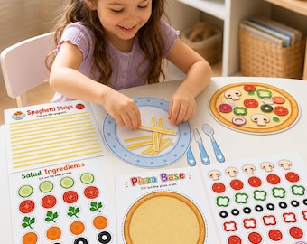 Atividade imprimível de pizza e macarrão, conjunto de comidinhas para brincar de recortar (download digital)