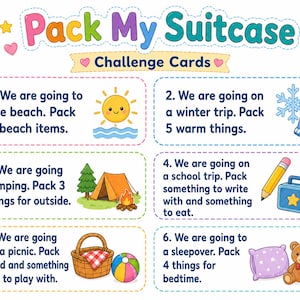 Op de afbeelding: Kleurrijke illustratie met de tekst "Pack My Suitcase Challenge Cards". De afbeelding toont zes uitdagingskaarten met verschillende thema's, waaronder een strandtrip, wintertrip, kamperen, schoolreisje, picknick en logeerpartij.