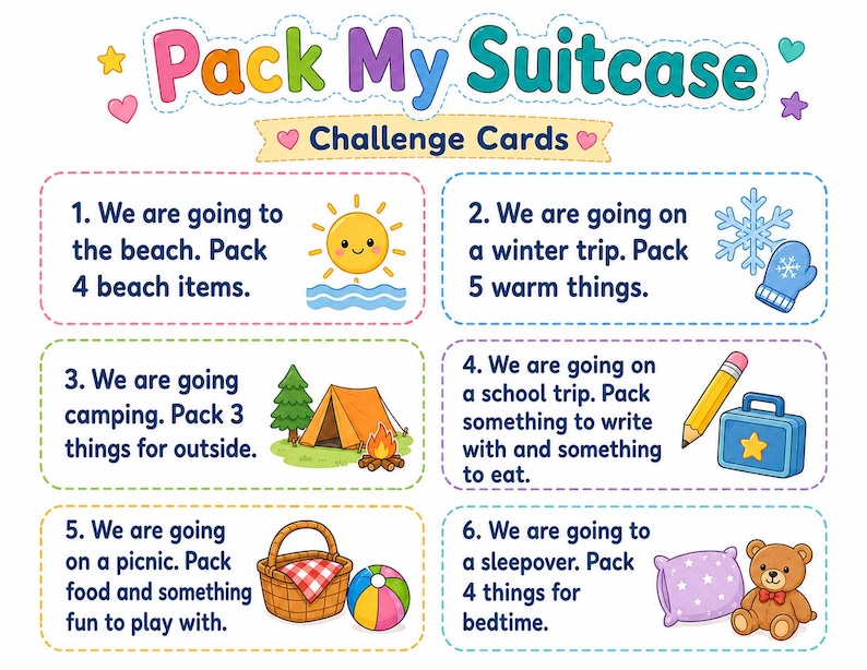 Op de afbeelding: Kleurrijke illustratie met de tekst "Pack My Suitcase Challenge Cards". De afbeelding toont zes uitdagingskaarten met verschillende thema's, waaronder een strandtrip, wintertrip, kamperen, schoolreisje, picknick en logeerpartij.