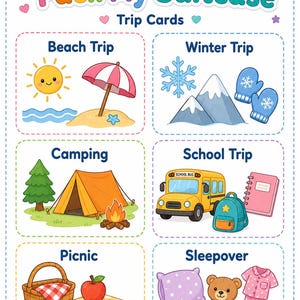 Op de afbeelding: Kleurrijke illustratie getiteld "Pack My Suitcase Trip Cards". De afbeelding toont zes themakaarten: Strandreis, Winterreis, Kamperen, Schoolreis, Picknick en Logeerpartij. Elke kaart heeft bijbehorende illustraties.