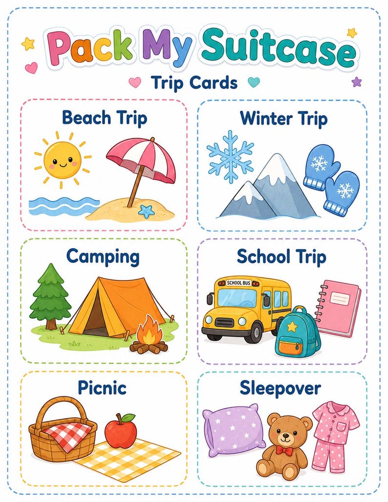 Op de afbeelding: Kleurrijke illustratie getiteld "Pack My Suitcase Trip Cards". De afbeelding toont zes themakaarten: Strandreis, Winterreis, Kamperen, Schoolreis, Picknick en Logeerpartij. Elke kaart heeft bijbehorende illustraties.