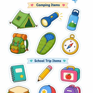 Op de afbeelding: Kleurrijke uitgesneden items met kampeer- en schoolreisbenodigdheden. Inclusief een groene tent, blauwe zaklamp, waterfles, rugzak, slaapzak, kompas, notitieboek, potlood, lunchbox, sandwich, baseballpet en rugzak.