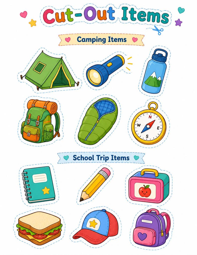 Op de afbeelding: Kleurrijke uitgesneden items met kampeer- en schoolreisbenodigdheden. Inclusief een groene tent, blauwe zaklamp, waterfles, rugzak, slaapzak, kompas, notitieboek, potlood, lunchbox, sandwich, baseballpet en rugzak.