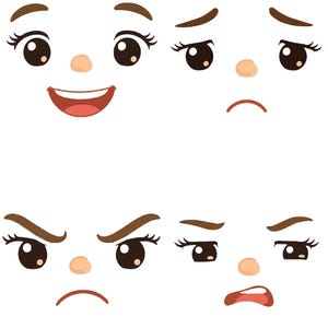 Op de afbeelding: Een set van vier cartoongezichten met verschillende uitdrukkingen. Elk gezicht heeft bruine wenkbrauwen, grote donkere ogen met lange wimpers en een kleine perzikkleurige neus. De uitdrukkingen tonen een vrolijke glimlach, een verdrietige frons, een boze blik en een sceptische blik.