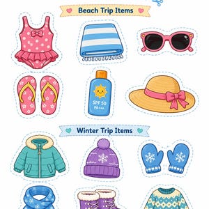 Op de afbeelding: Uitgesneden illustraties van strand- en winterreisartikelen. Strandartikelen zijn onder meer een roze badpak met stippen, zonnebrillen, een strandlaken, slippers, een zonnehoed en zonnebrandcr&egrave;me. Winterartikelen zijn onder meer een blauwe jas, een paarse muts, wanten, een sjaal, laarzen en een trui.
