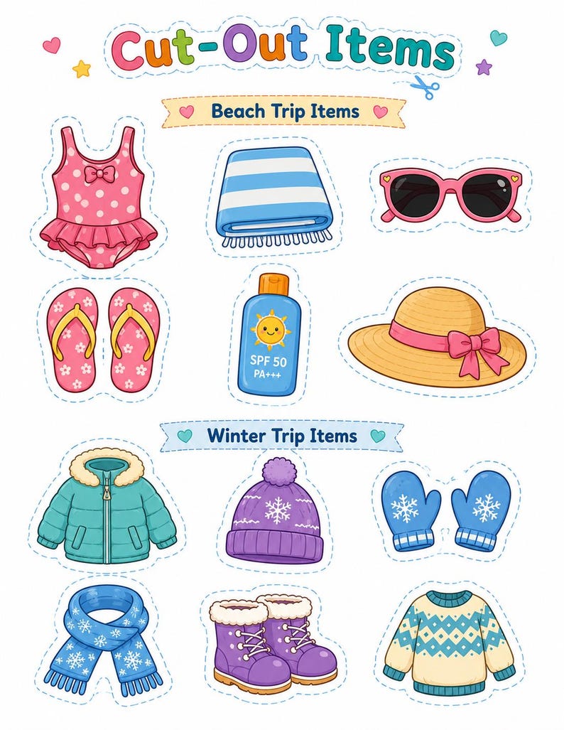 Op de afbeelding: Uitgesneden illustraties van strand- en winterreisartikelen. Strandartikelen zijn onder meer een roze badpak met stippen, zonnebrillen, een strandlaken, slippers, een zonnehoed en zonnebrandcr&egrave;me. Winterartikelen zijn onder meer een blauwe jas, een paarse muts, wanten, een sjaal, laarzen en een trui.