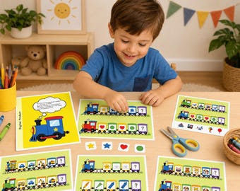 Atividade para imprimir de encaixe de padrões de trem para crianças, PDF com peça faltante para pré-escola