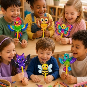 以下が含まれることがあります： 笑顔でカラフルな手作りの動物の人形を持っている子供たちのグループ。人形には、オウム、フクロウ、蝶、コウモリ、蜂、ハチドリが含まれます。人形は紙でできており、黄色の棒に取り付けられています。