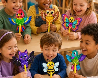 Afdrukbaar knutselwerk vliegende dieren voor kinderen, kleurenpakket knippen en bouwen, pdf voor kleuters
