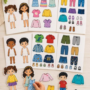 May include: A set of paper dolls with various outfits and accessories including dresses, shirts, trousers, shorts, hoodies, and shoes. The collection features multiple illustrated characters and clothing items printed on white sheets, with some pieces cut out.