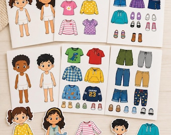 Printbaar aankleedactiviteitenpakket voor kinderen, kleding knippen en plakken (digitale download)