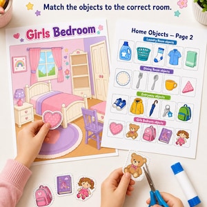 May include: A printable activity sheet titled Print, Cut & Paste! Match the objects to the correct room. It features a Girls Bedroom scene and a Home Objects page with laundry, dining, entryway, and bedroom items to cut out and glue.