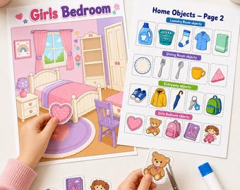 Objetos para casa para imprimir para crianças, atividade de recorte e combinação para decorar o quarto, PDF de classificação para pré-escola