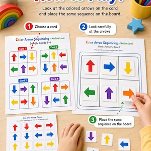 May include: A color arrow sequencing game with cards and a blank activity board. The game includes cards with arrow patterns and cut-out arrow pieces. The text "How to Play?" is at the top.