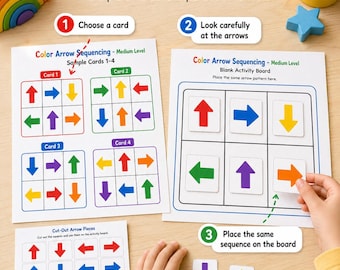 Sequência de setas coloridas para imprimir para crianças, atividade de correspondência de padrões para pré-escola em PDF.