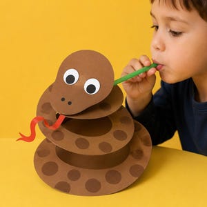 May include: A brown paper craft snake with a coiled body, dark brown circular spots, white googly eyes, and a red paper tongue. The snake is attached to a green straw, allowing it to be manipulated, and it features a simple, layered design.