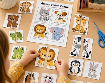 Puzzle d'associations d'animaux à imprimer pour les enfants, activité à découper et à assembler pour les enfants d'âge préscolaire, moitiés d'animaux PDF