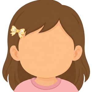 Op de afbeelding: Een digitale illustratie van een personage met schouderlang bruin haar en een lichte perzikkleurige huid. Het personage draagt een lichtroze shirt met lange mouwen en een kleine gele strik-haarclip met een wit patroon aan de rechterkant.