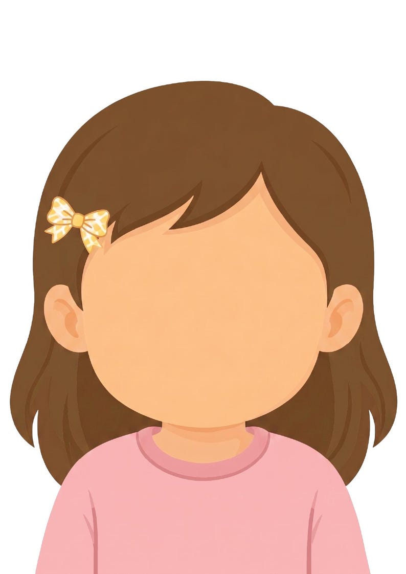 Op de afbeelding: Een digitale illustratie van een personage met schouderlang bruin haar en een lichte perzikkleurige huid. Het personage draagt een lichtroze shirt met lange mouwen en een kleine gele strik-haarclip met een wit patroon aan de rechterkant.