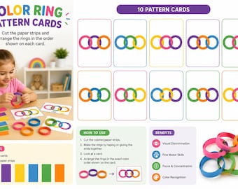 Cartões imprimíveis com padrões de anéis coloridos, atividade de correspondência visual para pré-escola, desenvolvimento da coordenação motora fina (PDF)