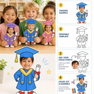 May include: A children's graduation craft kit. The image shows children holding paper cutouts of graduates in caps and gowns. The kit includes a printable template, instructions to add a photo, and steps to colour, cut, and assemble.