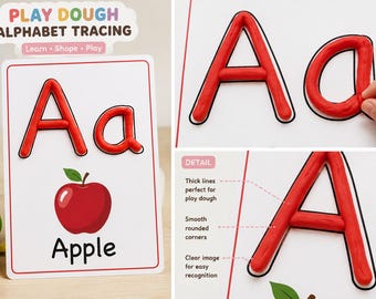 Cartões de Alfabeto para Traçar com Massinha de Modelar, Prática de Letras de A a Z, Atividade de Coordenação Motora Fina para Pré-Escolares (Download Digital)