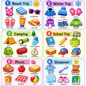 Op de afbeelding: Een kleurrijke educatieve poster genaamd "Packing Helper" met illustraties van items voor verschillende uitstapjes: strand, winter, kamperen, school, picknick en logeerpartij. Bevat een badpak, tent en schoolspullen.