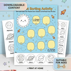 May include: A downloadable planet sorting activity for children, with a sun, planets, and rockets on a light blue background. Includes colouring pages, crayons, and scissors. Suitable for ages 3-6.
