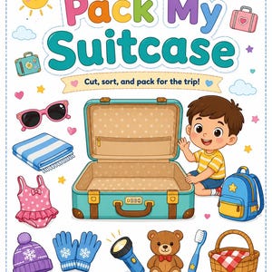 Op de afbeelding: Kleurrijke illustratie met de tekst "Pack My Suitcase" en een zwaaiend kind naast een open koffer. De afbeelding bevat reisartikelen zoals een zonnebril, een badpak, een rugzak en een teddybeer. De tekst luidt: "Knip, sorteer en pak voor de reis!"