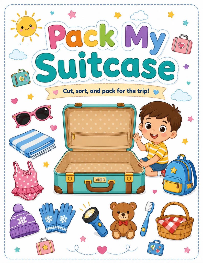 Op de afbeelding: Kleurrijke illustratie met de tekst "Pack My Suitcase" en een zwaaiend kind naast een open koffer. De afbeelding bevat reisartikelen zoals een zonnebril, een badpak, een rugzak en een teddybeer. De tekst luidt: "Knip, sorteer en pak voor de reis!"