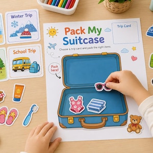 May include: A child's hands placing sunglasses into a blue suitcase illustration on a white paper. The paper has the text "Pack My Suitcase" and trip cards for beach, winter, camping, and school trips. Other stickers include a swimsuit, towel, and teddy bear.