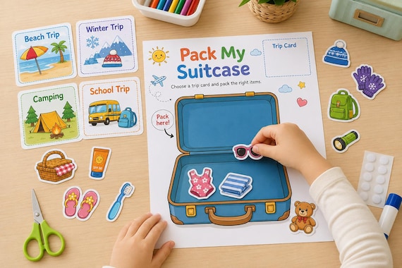 Pack My Suitcase Printable for Kids, Travel Sorting Activity, Cut and Paste Busy Binder PDF