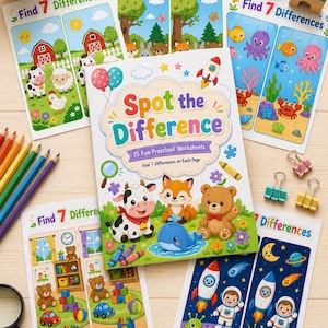 May include: A collection of children's activity books and worksheets. The central book is titled "Spot the Difference" with colorful illustrations of animals and a rocket. Surrounding it are "Find 7 Differences" worksheets with various scenes, including a farm, forest, and underwater world.