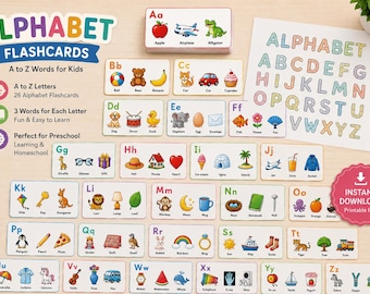 Cartões de Alfabeto de A a Z, Cartões ABC Imprimíveis para Crianças em Idade Pré-Escolar