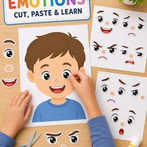 Op de afbeelding: Een educatieve set met de titel EMOTIONS CUT, PASTE & LEARN, bestaande uit een gedrukte illustratie van een jongen met een leeg gezicht, meerdere vellen papier met diverse gelaatstrekken, een blauwe schaar en een lijmstift.