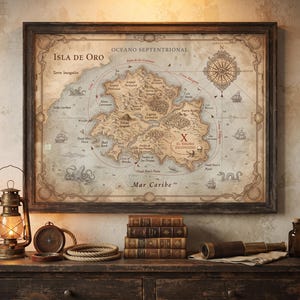 Op de afbeelding: Een ingelijste kaart in vintage-stijl getiteld Isla de Oro met nautische illustraties, een kompasroos en een X die een schatlocatie markeert. De kaart staat op een donkerhouten oppervlak met een lantaarn, gestapelde boeken, een kompas en een telescoop.